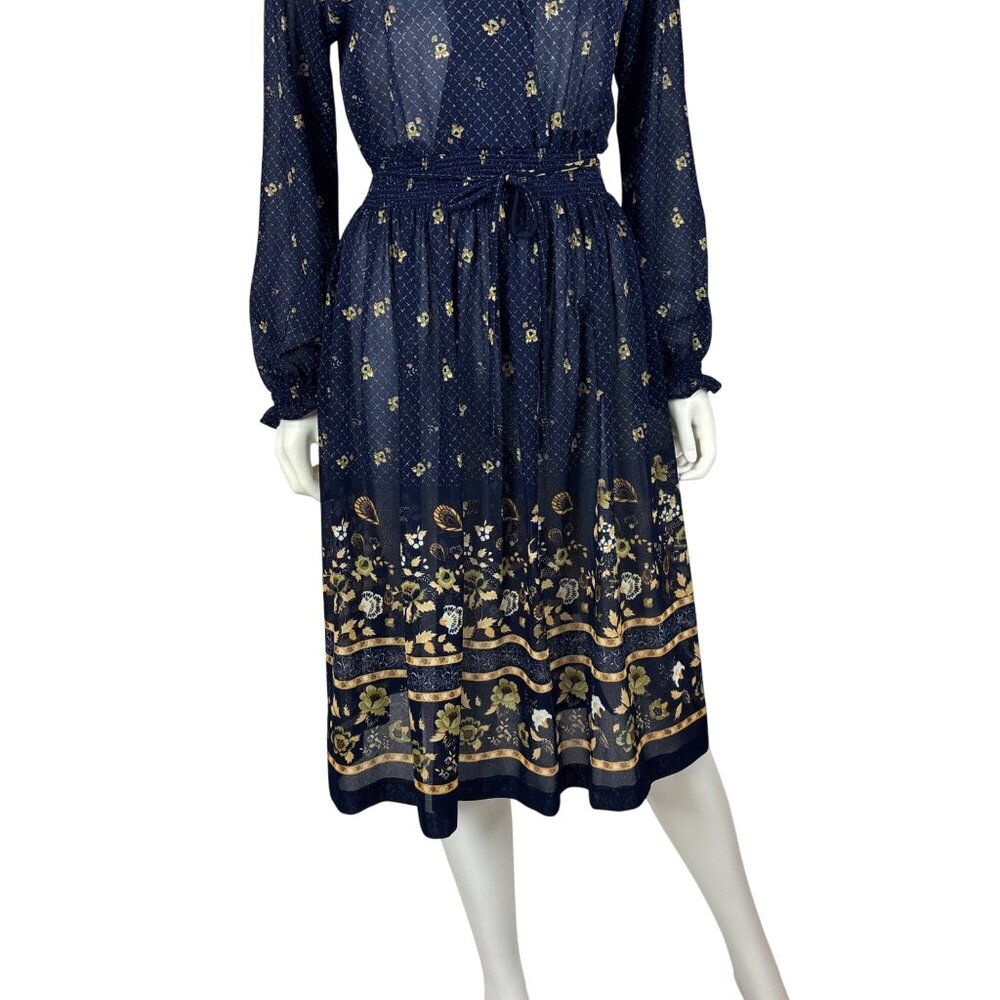 Vintage 80s Sheer Dress Womens M Navy Blue Peacock Floral Border Print - Picture 7 of 11